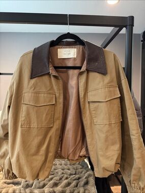 Stitch + Feather Women’s Tan Bomber Jacket with Dark Brown Collar